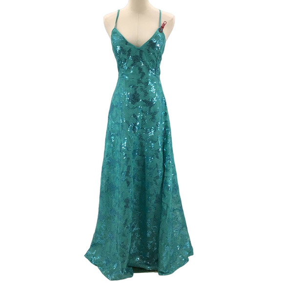 LULU'S SZ S Glittering Presence Teal Green Sequin Lace-Up Maxi Dress NEW B17 - Picture 2 of 9